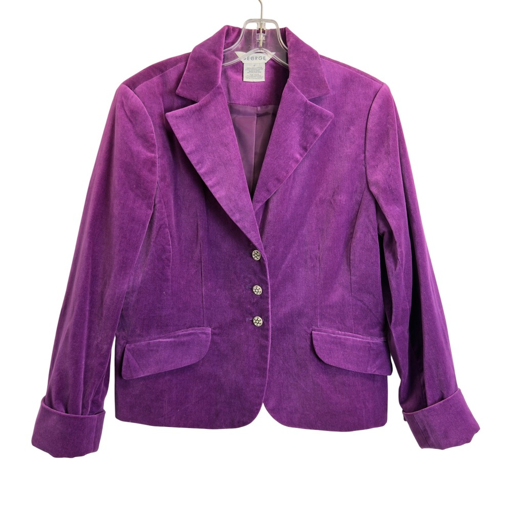George Purple Velvet Blazer Rhinestone Button Jacket Women's 10 cotton Pockets